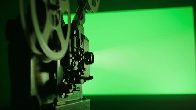 Green Screen old cinema projector displays in a dark room you can see parts of the film and his wheels that turn scene 4 with distortion, overlay, glitch, static noise, scan lines on black background