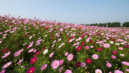 Fototapeta premium Cosmos field stretches to the horizon under the clear sky, creating a vibrant vista