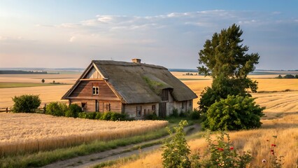 Obraz premium Rustic farmhouse with a thatched roof sits in a golden wheat field under a clear blue sky at sunset.