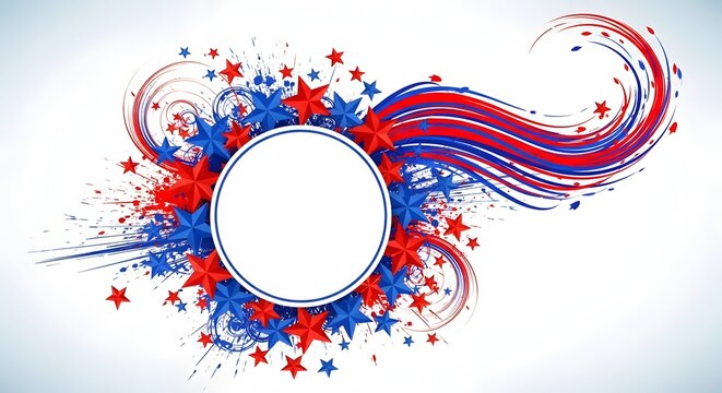 Patriotic red white and blue starburst design element with empty circle for text on white background for independence day