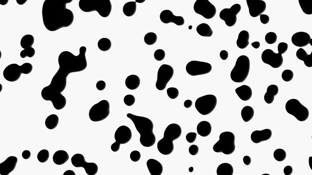 An animation of black liquid droplets or metaballs floating and merging against a clean white background. The high-contrast visual resembles ink drops in water or cellular division