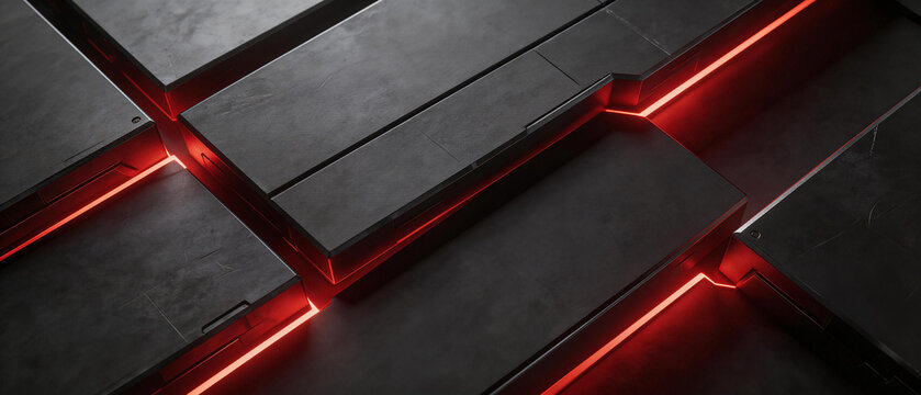 Modern Industrial Dark Metal Texture with Red LED Light Accents and Layered Architectural Design