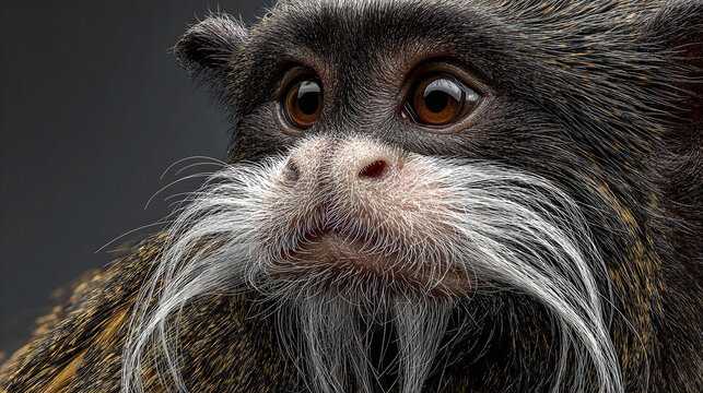 A close-up portrait of an Emperor Tamarin monkey, showcasing its distinctive features