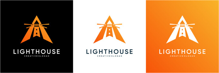 Modern Lighthouse with Letter A initial and north direction Logo Template. Abstract Search and Guide Navigation vector icon symbol. © semoro