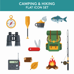 Camping and Hiking Flat Icon Set.