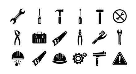 Collection of Black Construction and Repair Tools Icons Set