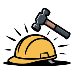Hammer striking a yellow safety helmet symbolizes construction accident prevention and workplace.