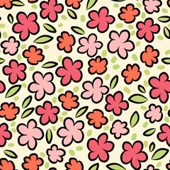 Minimalist seamless floral pattern featuring simple flowers and leaves with clean lines and balanced composition. Elegant and modern botanical design suitable for wallpaper, textile, fabric, wrapping 