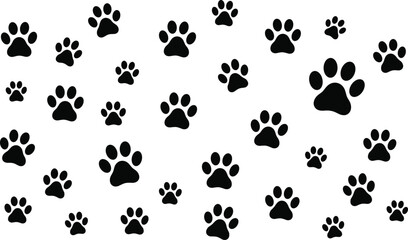 Black paw print pattern vector illustration, scattered animal footprints, playful pet motif, decorative design element, creative minimal artwork © Roisul