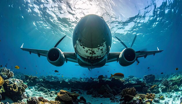 Airplane Underwater with Coral Reef and Fish.