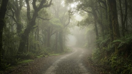Obraz premium Misty Forest Path Foggy Road Through Lush Green Woodland Landscape