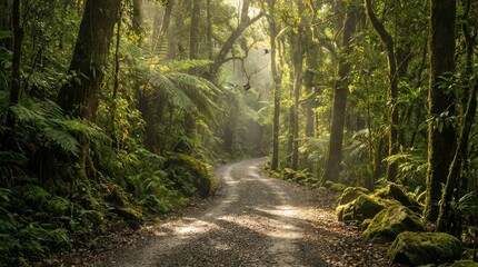 Obraz premium Lush Green Forest Path with Sunbeams and Gravel Road
