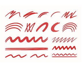 A collection of red hand-drawn lines and strokes in various styles