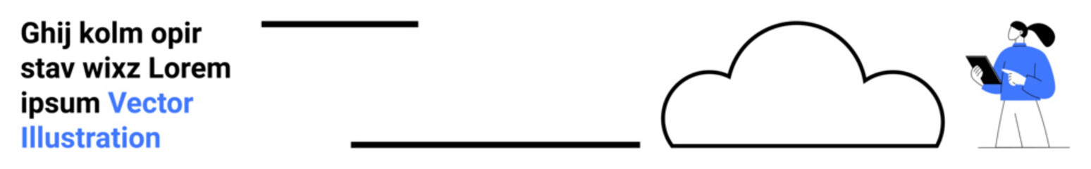 Cloud computing, data storage, technology, innovation, digital services, communication. Person holding a tablet near a cloud graphic. Cloud computing and data storage concept