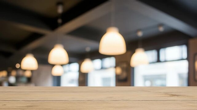 Wooden Table Foreground With Blurred Cafe Background Pendant Lighting Daytime Natural Light For Showcasing Products Content In Restaurant Lifestyle Setting
