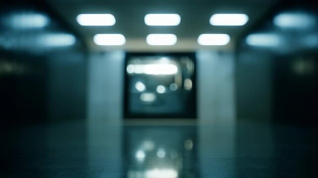 Modern underground corridor with bright ceiling lights and reflective floor creates a mysterious, cinematic atmosphere. The blurred background adds depth and intrigue to the urban scene