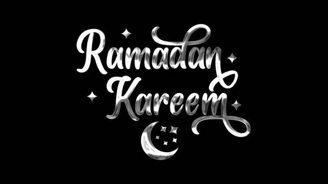 Ramadan kareem text animation in silver with moon and stars for festive designs, greeting cards, social media posts, and banners.