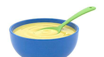 Blue Bowl of Yellow Pudding with Green Spoon
