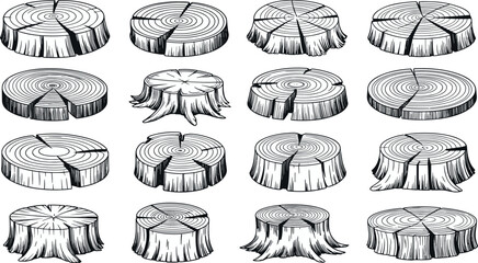 Hand Drawn Tree Stump and Wood Log Cross Section Set with Engraved Vintage Style Illustration © Lunavera art
