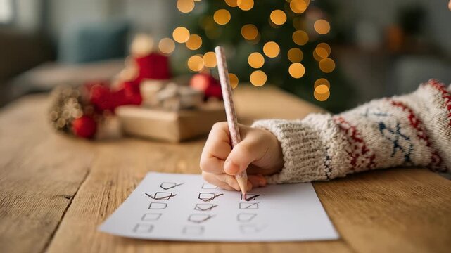 Child&rsquo;s hand checking off items on holiday wish list with pencil, cozy sweater visible, festive Christmas lights, decorations softly blurred in background. Warm wooden table enhances seasonal