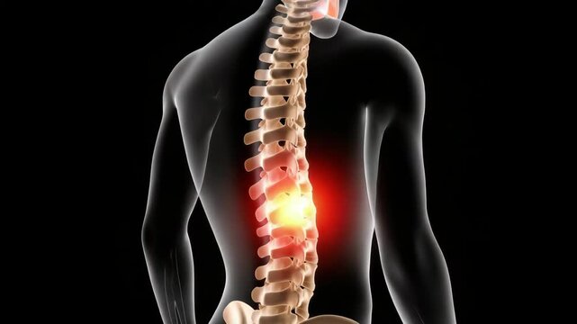 Side-view Illustration Of Human Body With The Spine Highlighted Showing Painful Lower Back Set Against Dark Background For Medical Health-related Articles Presentations