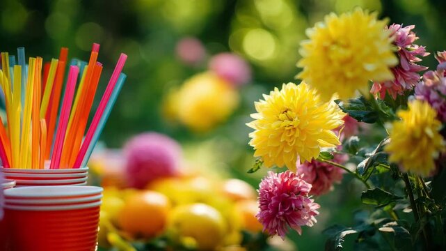 Medium shot of compostable straws and food containers neatly set up in a vibrant garden party scene promoting environmentally responsible festivities.