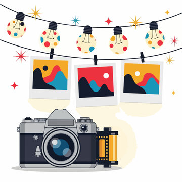 Vintage camera and photos hanging on a string with lights.