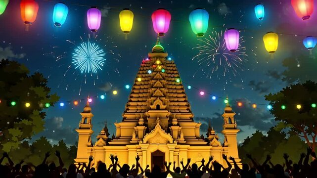 Cartoon Ayodhya Ram Mandir Celebration Night Lanterns and Fireworks