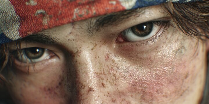 Close-up portrait of a young man with freckles and a bandana on his face, intense gaze, emotive expression, detailed facial features, eye contact