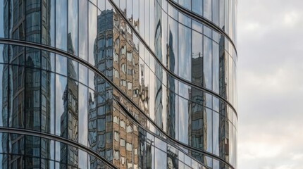 Curved Glass Skyscraper Reflecting City Architecture and Sky