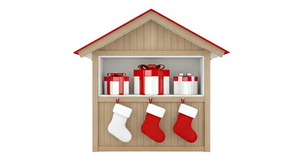 Christmas Stockings and Gifts in Wooden Display