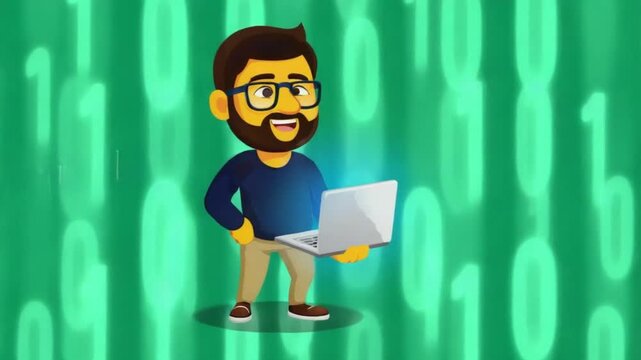 Smiling man with beard holding laptop in front of green background with digital code