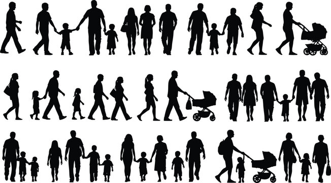 Collection of family silhouettes illustration, diverse people vector set, parent child figures artwork, everyday activity design, social interaction icon graphics