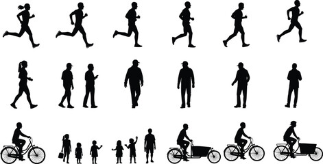 Collection of human silhouettes illustration, diverse people vector set, running walking cycling artwork, everyday lifestyle design, social interaction graphics © SABINA