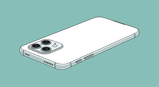 A white smartphone with a triple camera array is shown lying face down on a teal background.