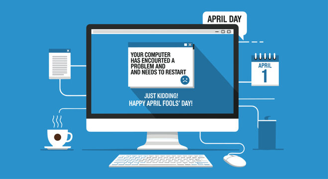 A computer screen displays a humorous Your computer has encountered a problem message for April Fools' Day, with surrounding office items.