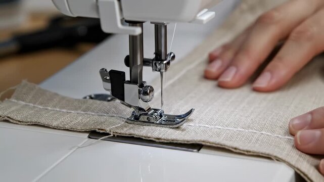 Close-up of hands sewing a straight stitch on a piece of fabric with a white sewing machine on a table.