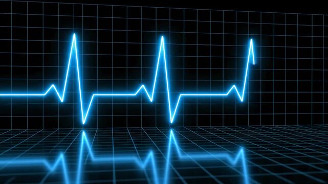 Glowing blue ECG heartbeat line graph on a black grid background with reflective surface