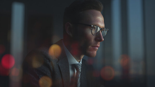 An elegant person in glasses looking out of a skyscraper window at dusk. The person is dressed in formal attire with a tie. 