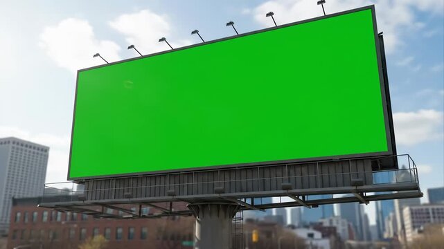 Green screen billboard on city street with urban background, and copy space.