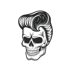 Obraz premium Black and white rockabilly skull illustration with pompadour hairstyle, retro hairstyle hand drawn vector art