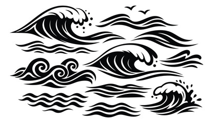 Fototapeta premium Stylized ocean waves set featuring various water crests and ripples for nature concepts