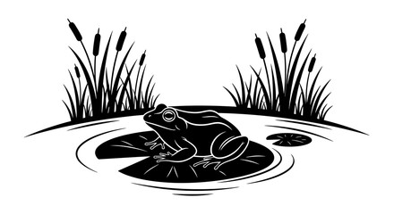 Black silhouette illustration of a frog on a lily pad in a wetland ecosystem with cattails, representing World Wetlands Day to protect wetlands. © saputra sida