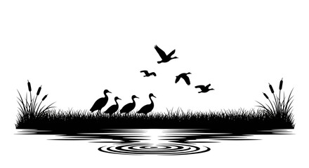 Black silhouette illustration of swans and other birds over a serene wetland ecosystem with a rice field, promoting World Wetlands Day to protect wetlands. © saputra sida