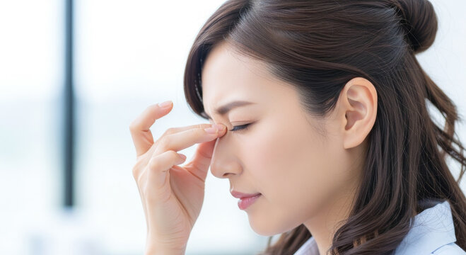 疲れ目・目の疲れで目を押さえる女性