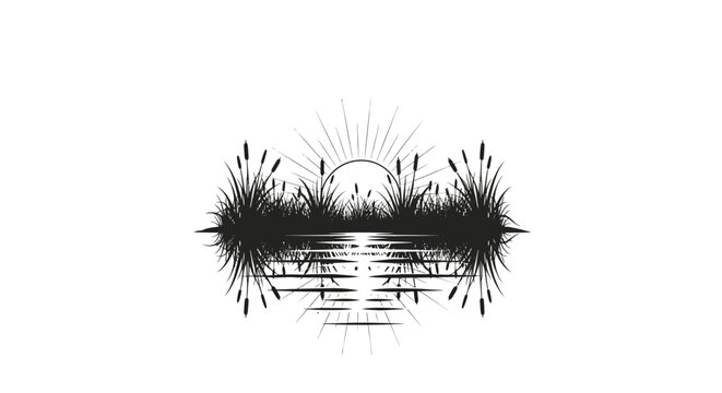 Black silhouette illustration of wetland ecosystem with swan bird and cattails on World Wetlands Day, promoting protect wetlands event in a rice field environment.