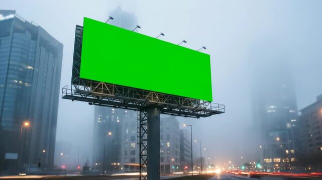 Green screen billboard at night on foggy city street with car lights.