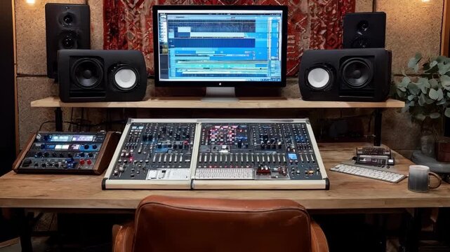 Medium shot showcasing a professional home studio setup with advanced audio interfaces highend monitors and acoustic treatment for superior sound quality