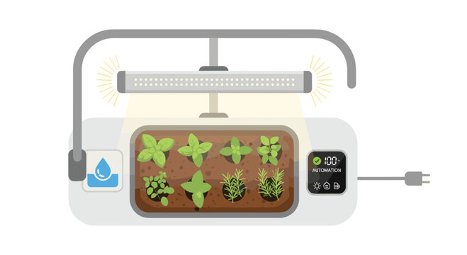 An indoor smart garden system with a built-in LED grow light illuminates various young herbs planted in brown soil.