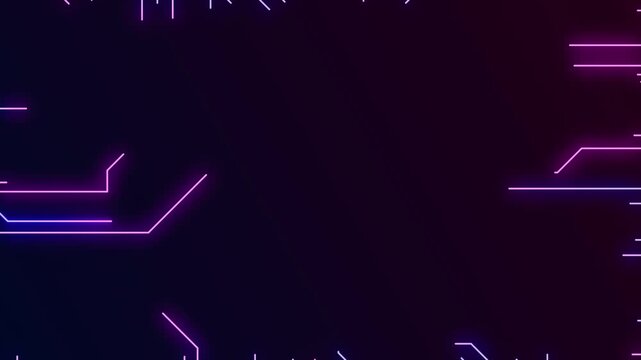 Glowing blue purple neon circuit board lines animation. Abstract circuit board design with neon pink and blue lines. Perfect for technology backgrounds, electronics concepts, and digital innovation.